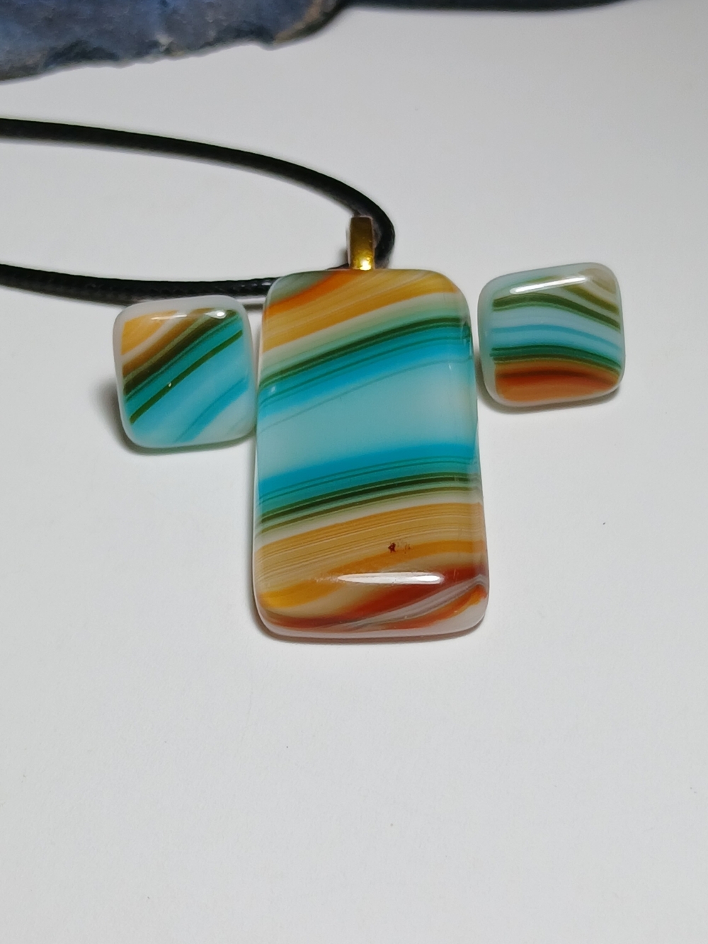Handmade Multicolor Glass Pendant & Stud Earrings Set - Blue, Turquoise, Orange